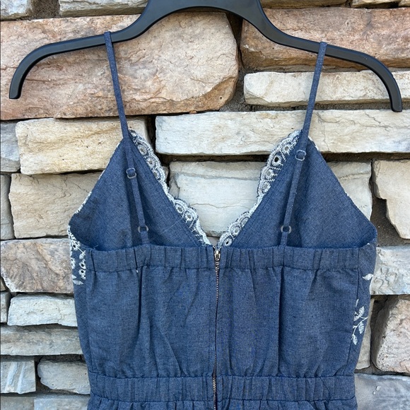 Simple Chambray Eyelet Embroidered Scalloped Romper In Blue Denim Small - Picture 6 of 11